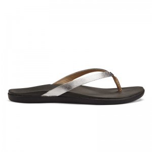 Olukai Ho'ōpio Leather Womens Beach Sandals Silver / Deep Grey Canada | A8A-0255